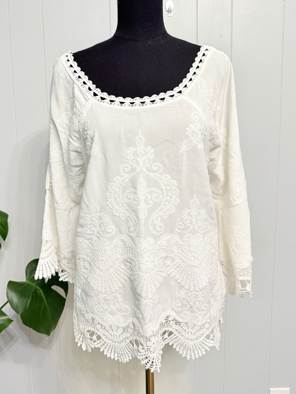 #10) White Embroidered Lace-Trim Tunic Top